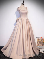 Champagne A-Line Satin Long Evening Prom Dresses, Champagne Formal Evening Dresses