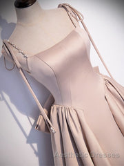 Champagne A-Line Satin Long Evening Prom Dresses, Champagne Formal Evening Dresses