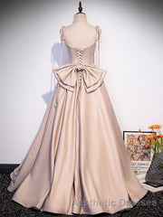 Champagne A-Line Satin Long Evening Prom Dresses, Champagne Formal Evening Dresses