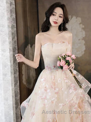 Champagne A-Line Tulle Sequins Long Evening Prom Dresses Embroidery Applique Formal Evening Dresses