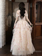Champagne A-Line Tulle Sequins Long Evening Prom Dresses Embroidery Applique Formal Evening Dresses