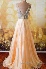 Champagne A-Line  V Neck Chiffon Long Evening Prom Dresses, Formal Dresses