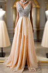 Champagne A-Line  V Neck Chiffon Long Evening Prom Dresses, Formal Dresses