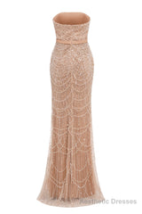 Champagne Beading Prom Dresses Sweep Train High Neck Zipper Sleeveless Fromal Dresses