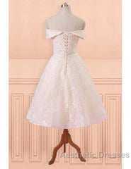 Champagne Lace Off Shoulder Tea Length Wedding Dresses With Sash