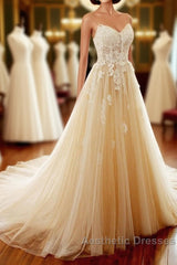 Champagne Long A-line Sweetheart Tulle Spaghetti Sweep Train Wedding Dresses