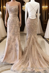 Champagne Mermaid Backless Lace Appliques Long Evening Prom Dresses, Champagne Lace Formal Dresses, Champagne Graduation Evening Dresses