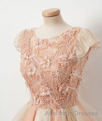 Champagne round neck tulle beads short Evening Prom Dresses, homecoming Dresses
