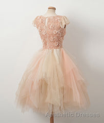 Champagne round neck tulle beads short Evening Prom Dresses, homecoming Dresses
