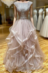 Champagne round neck tulle lace long Evening Prom Dresses evening Dresses