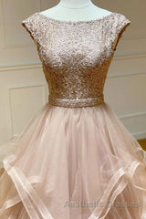 Champagne round neck tulle lace long Evening Prom Dresses evening Dresses