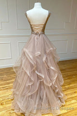 Champagne round neck tulle lace long Evening Prom Dresses evening Dresses