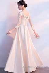 Champagne Satin With Lace Long Sleeves Evening Prom Dresses Evening Dresses, A-Line Simple Bridesmaid Dresses