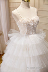 Champagne Sweetheart Layers Princess Dress, Spaghetti Straps Tulle Formal Gown
