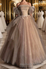 Champagne Tulle Lace Long Evening Prom Dresses, Champagne Evening Formal Dresses
