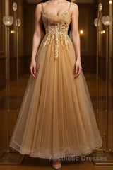 Champagne tulle lace long Evening Prom Dresses champagne formal Dresses