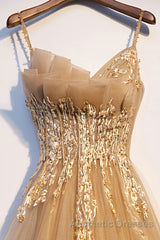 Champagne tulle lace long Evening Prom Dresses champagne formal Dresses