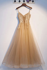 Champagne tulle lace long Evening Prom Dresses champagne formal Dresses