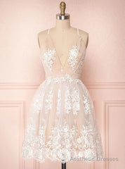 Champagne Tulle Lace Spaghetti Straps Homecoming Dress