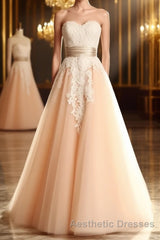 Champagne Tulle Lace Tea Pearl Evening Prom Dresses, Lace Wedding Dresses