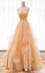 Champagne tulle long Evening Prom Dresses, champagne evening Dresses