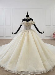 Champagne Tulle Sequins Off the Shoulder Beading Luxury Wedding Dress