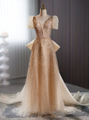 Champagne Tulle Sequins V-neck Short Sleeve Prom Dress