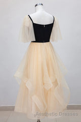 Champagne V Neck Tea Length Evening Prom Dresses, Tea-Length Formal Graduation Dresses