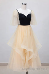 Champagne V Neck Tea Length Evening Prom Dresses, Tea-Length Formal Graduation Dresses