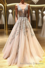 Champagne v neck tulle lace beads long Evening Prom Dresses tulle formal Dresses