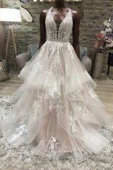 Champagne v neck tulle lace long Evening Prom Dresses, champagne evening Dresses