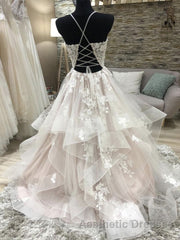 Champagne v neck tulle lace long Evening Prom Dresses, champagne evening Dresses
