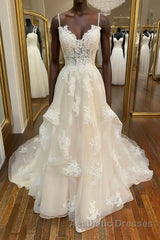 Champagne v neck tulle lace long Evening Prom Dresses, champagne lace evening Dresses
