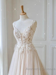 Champagne V Neck Tulle Lace Long Evening Prom Dresses Evening Dresses A Line Sleeveless Formal Dresses