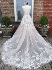 Champagne v neck tulle lace long Evening Prom Dresses lace tulle formal Dresses