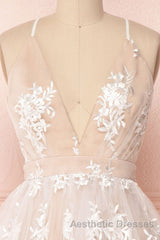 Champagne v neck tulle lace short Evening Prom Dresses champagne tulle bridesmaid Dresses