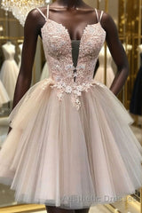 Champagne v neck tulle lace short Evening Prom Dresses lace homecoming Dresses