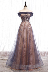 Charming A-Line Tulle Long Off Shoulder Party Dresses, Evening Prom Dresses