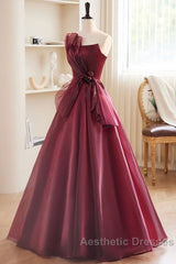 Charming And Elegant Wine Red Sleeveless Off Shoulder Ball Dresses, Wine Red A-Shaped Princess Strapless Butterfly Tie With Backless Strap And Ground Length Evening Prom Dresses