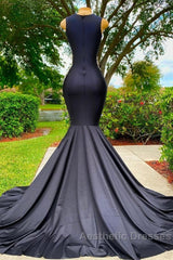 Charming Black Long Mermadi Jewel Satin Tulle Lace Appliques Evening Prom Dresses