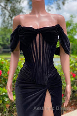 Charming Black Long Mermaid Off the Shoulder Velvet Evening Prom Dresses with Slit