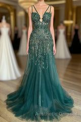 Charming Dark Green Tulle Long Evening Prom Dresses Sweetheart Sleeveless Formal Evening Prom Dresses