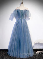 Charming Light Blue Tulle Puffy Sleeves Floor Length Party Dresses A-Line Pricess Gowns Evening Prom Dresses Sparkly