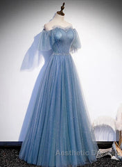 Charming Light Blue Tulle Puffy Sleeves Floor Length Party Dresses A-Line Pricess Gowns Evening Prom Dresses Sparkly