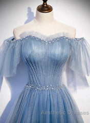 Charming Light Blue Tulle Puffy Sleeves Floor Length Party Dresses A-Line Pricess Gowns Evening Prom Dresses Sparkly