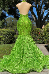 Charming Long Mermaid Halter Satin Lace Backless Evening Prom Dresses