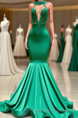 Charming Long Mermaid Halter Stretch Satin Lace Backless Evening Prom Dresses