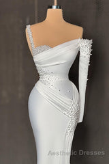 Charming Long Satin One-Shoulder Mermaid Evening Evening Prom Dresses With Beading