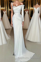 Charming Long Satin One-Shoulder Mermaid Evening Evening Prom Dresses With Beading