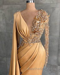 Charming Long Sleeves V-Neck Mermaid Long Evening Dresses With Side Train